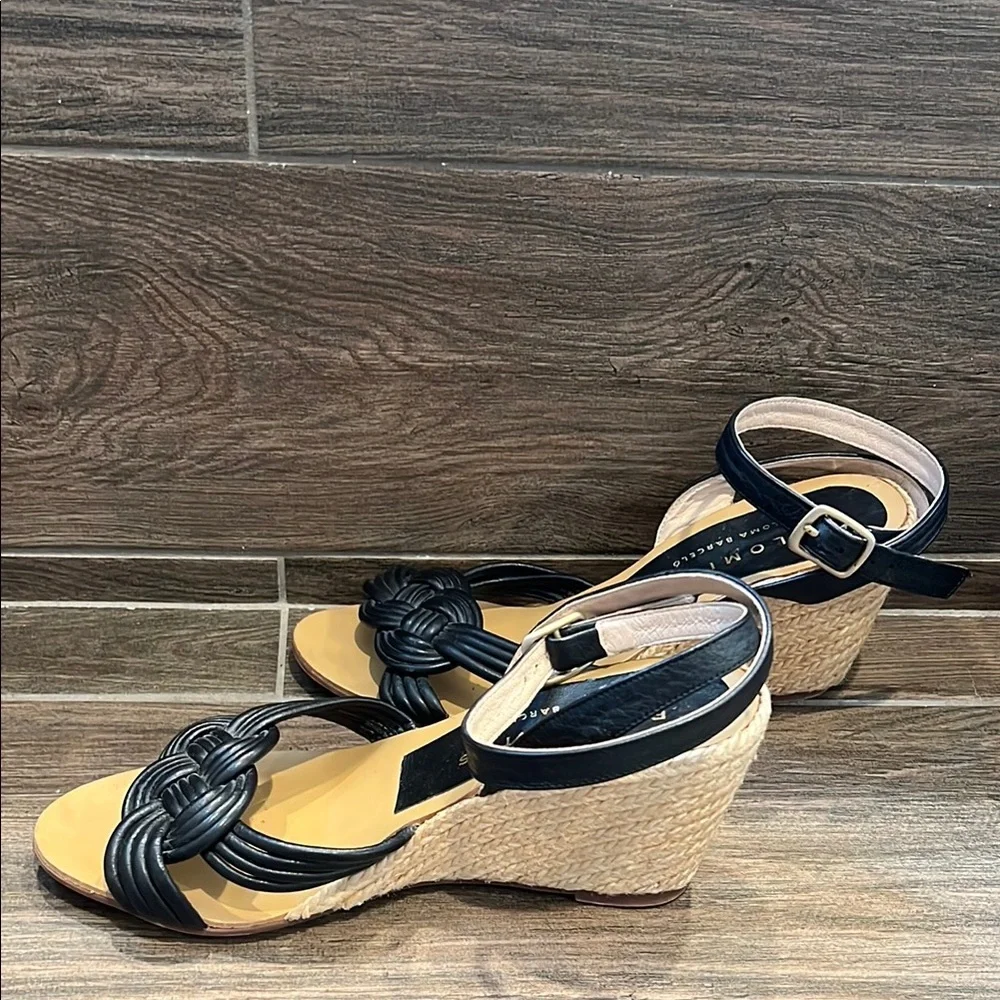 Palomitas Brand Leather Black Wedge Espadrilles with Ankle Strap